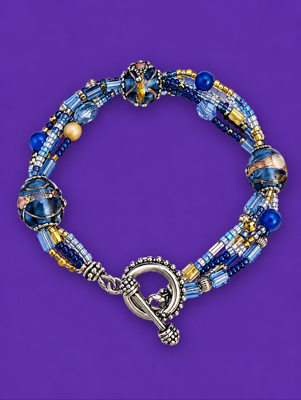 Handcrafted Blue and Gold Multi-Strand Glass Beaded Bracelet